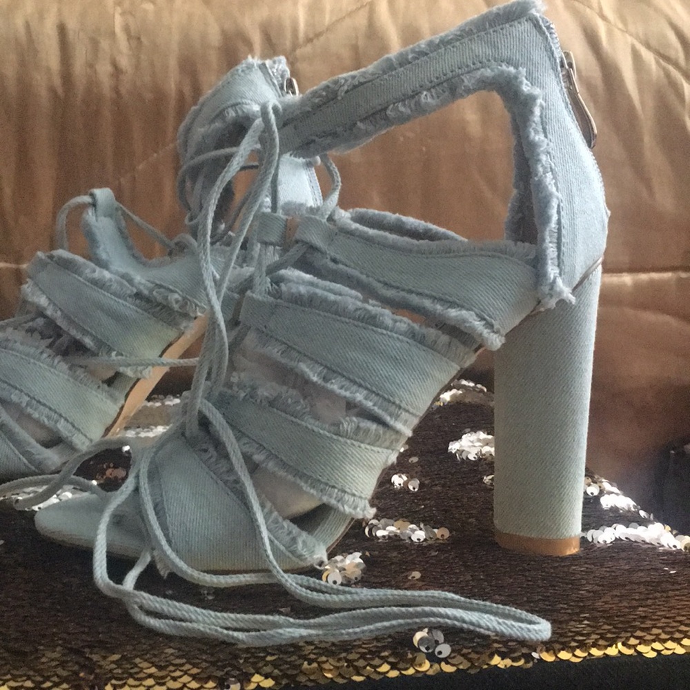 Denim lace up heels by fashion nova